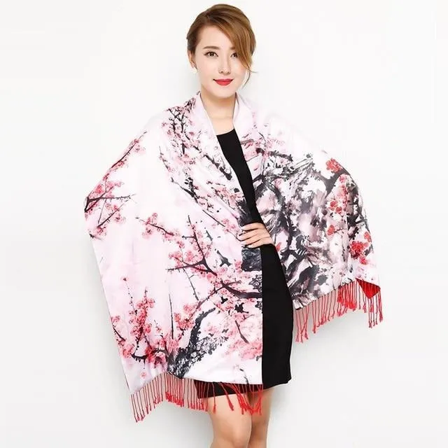 Chinese Style Flower Autumn Shawl Silk Cashmere Muffler Traditional  Fashion