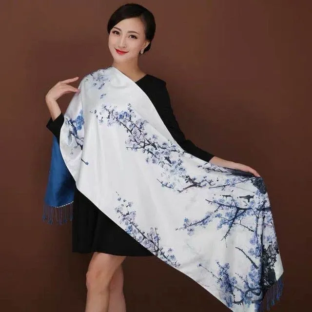 Chinese Style Flower Autumn Shawl Silk Cashmere Muffler Traditional  Fashion