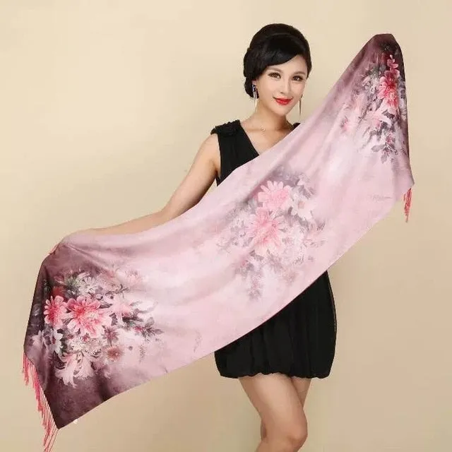 Chinese Style Flower Autumn Shawl Silk Cashmere Muffler Traditional  Fashion