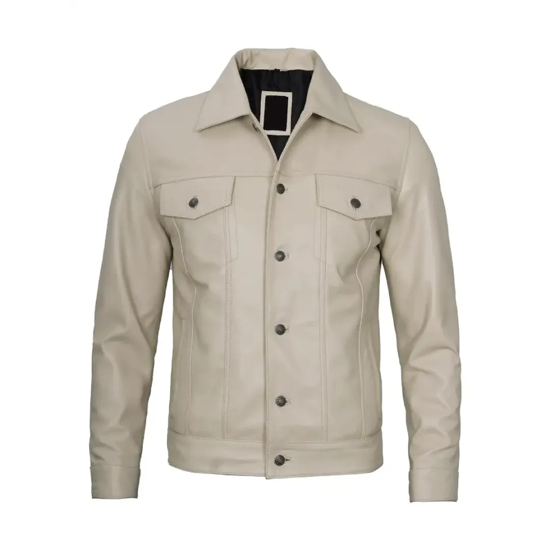 Classic Beige Real Leather Trucker Jacket