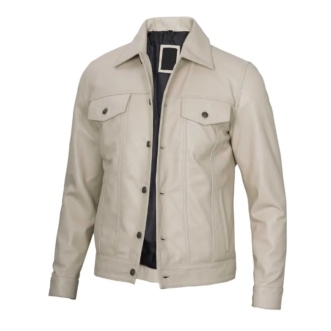 Classic Beige Real Leather Trucker Jacket