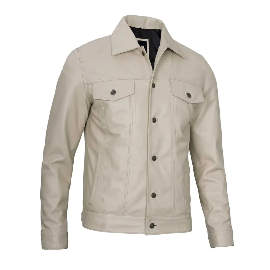 Classic Beige Real Leather Trucker Jacket