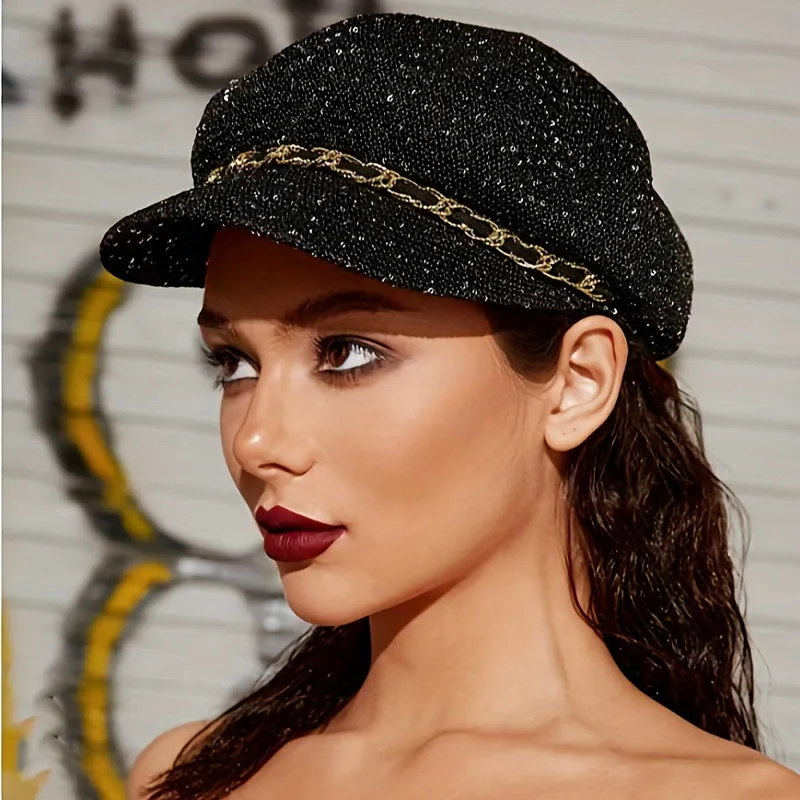 Classic French Style Beret Hat - Breathable, Lightweight, Rhinestone Decorated, Stripe Pattern, Polyester Knit, Inelastic, Perfect for Bachelor Party, Daily Use, and Special Occasions