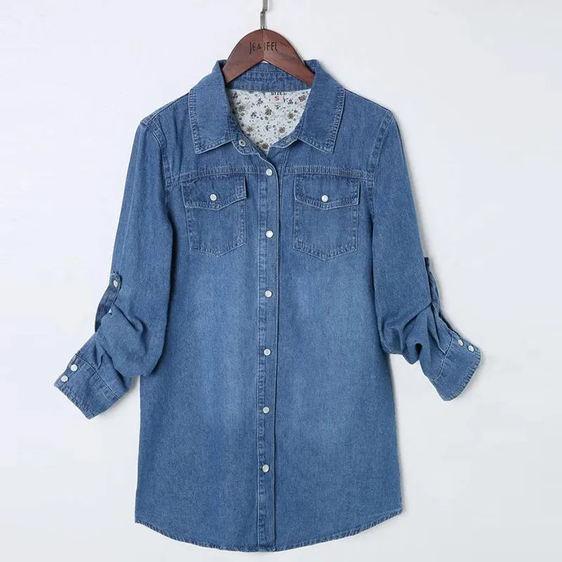 Classic Solid Long Sleeve Mid-length Denim Shirt Women Rip Curl Cuff Blue Casual Blouse Jean Coat Office Lady Spring Tops