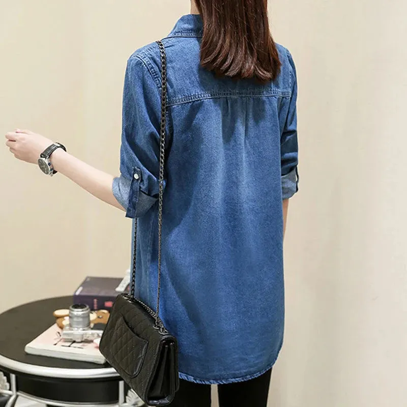 Classic Solid Long Sleeve Mid-length Denim Shirt Women Rip Curl Cuff Blue Casual Blouse Jean Coat Office Lady Spring Tops