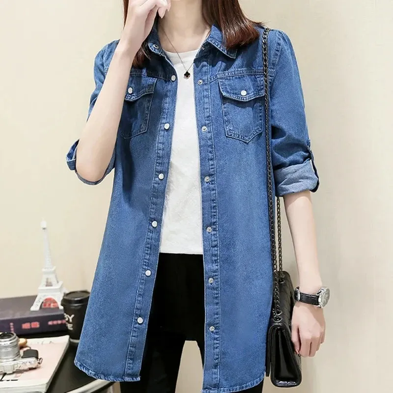 Classic Solid Long Sleeve Mid-length Denim Shirt Women Rip Curl Cuff Blue Casual Blouse Jean Coat Office Lady Spring Tops