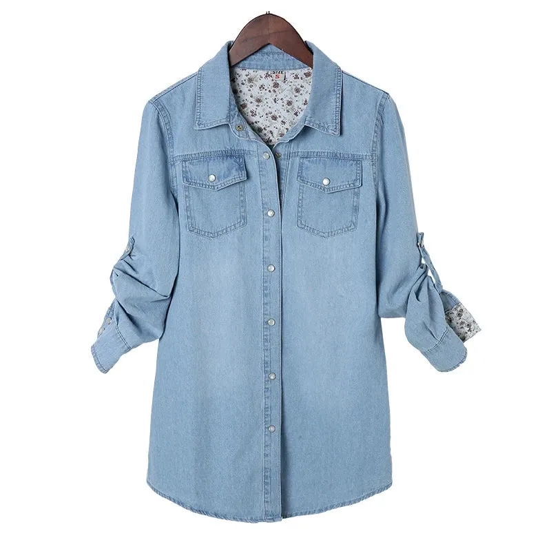 Classic Solid Long Sleeve Mid-length Denim Shirt Women Rip Curl Cuff Blue Casual Blouse Jean Coat Office Lady Spring Tops