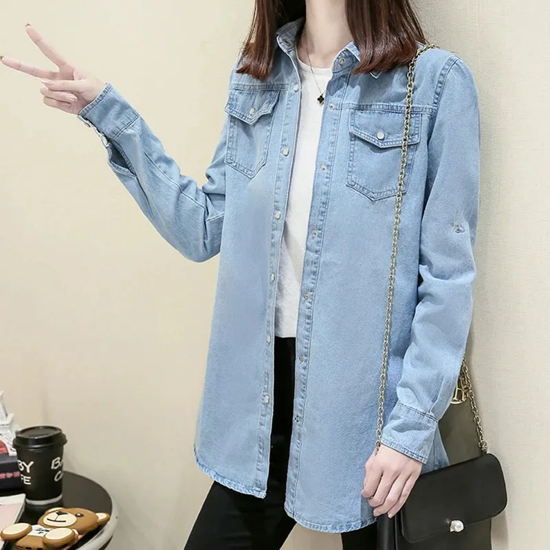 Classic Solid Long Sleeve Mid-length Denim Shirt Women Rip Curl Cuff Blue Casual Blouse Jean Coat Office Lady Spring Tops