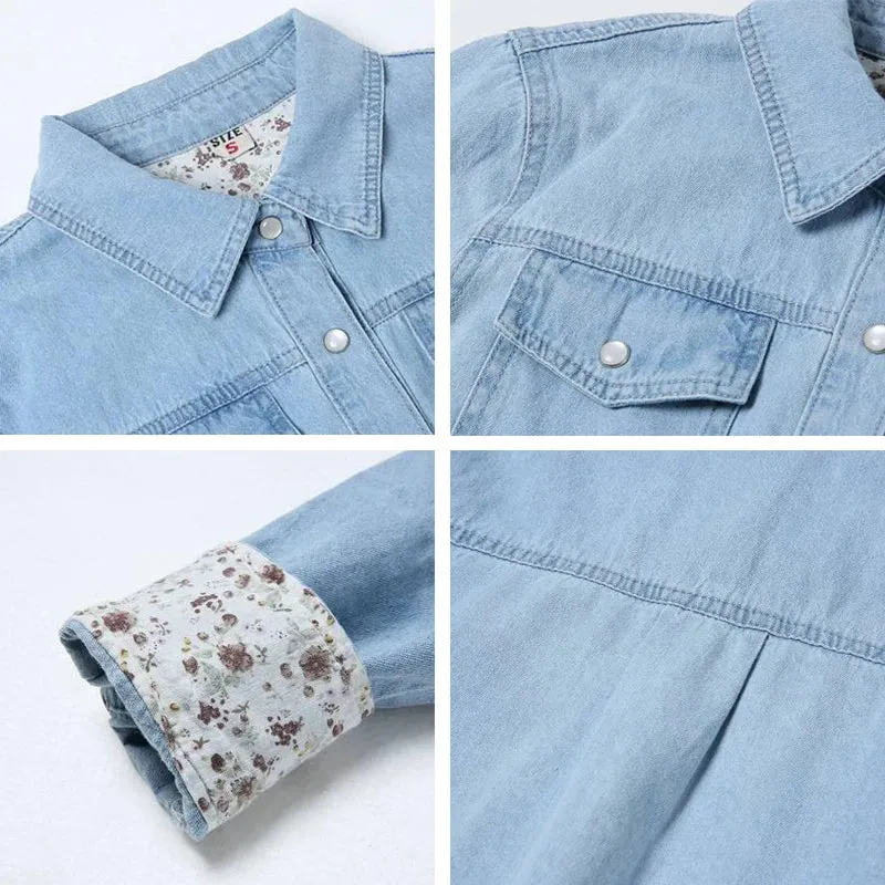 Classic Solid Long Sleeve Mid-length Denim Shirt Women Rip Curl Cuff Blue Casual Blouse Jean Coat Office Lady Spring Tops