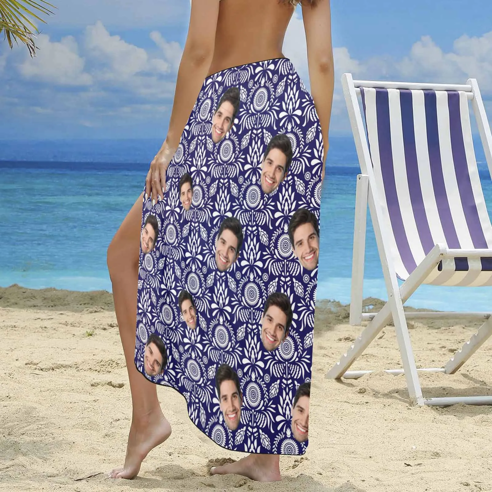 Custom Face Bohemia Blue Long Sarongs Beach Wrap Personalized Bikini Cover Up