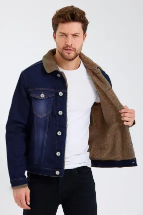 Dark Blue Denim Jacket with Brown Sherpa Lining