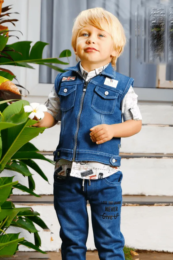 Denim Blue with White Printed Waist Coat and Pant Set for Boys