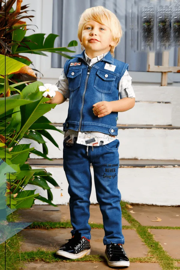 Denim Blue with White Printed Waist Coat and Pant Set for Boys