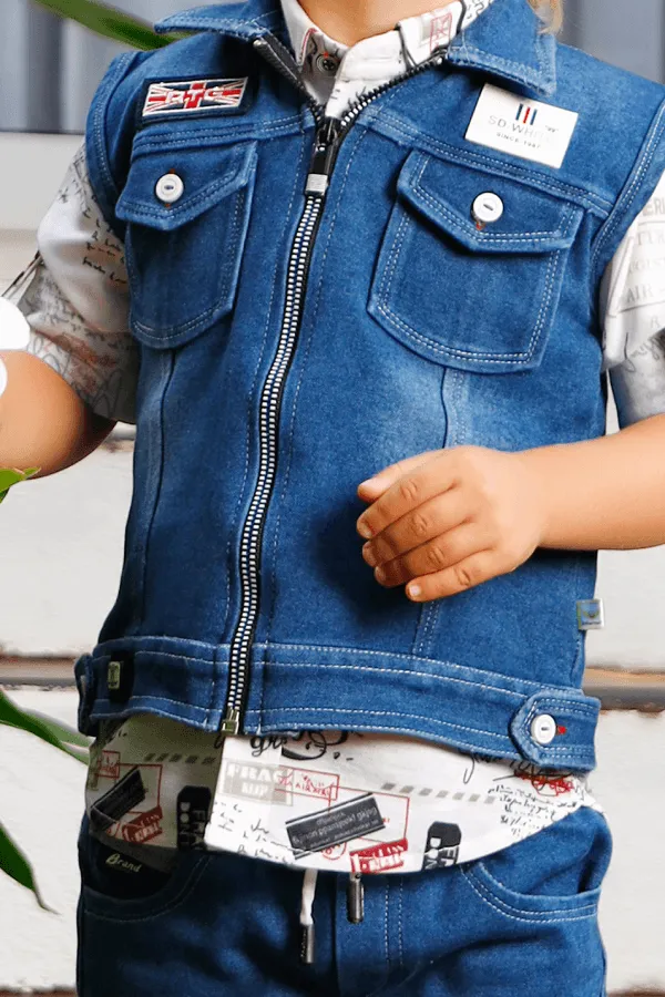 Denim Blue with White Printed Waist Coat and Pant Set for Boys