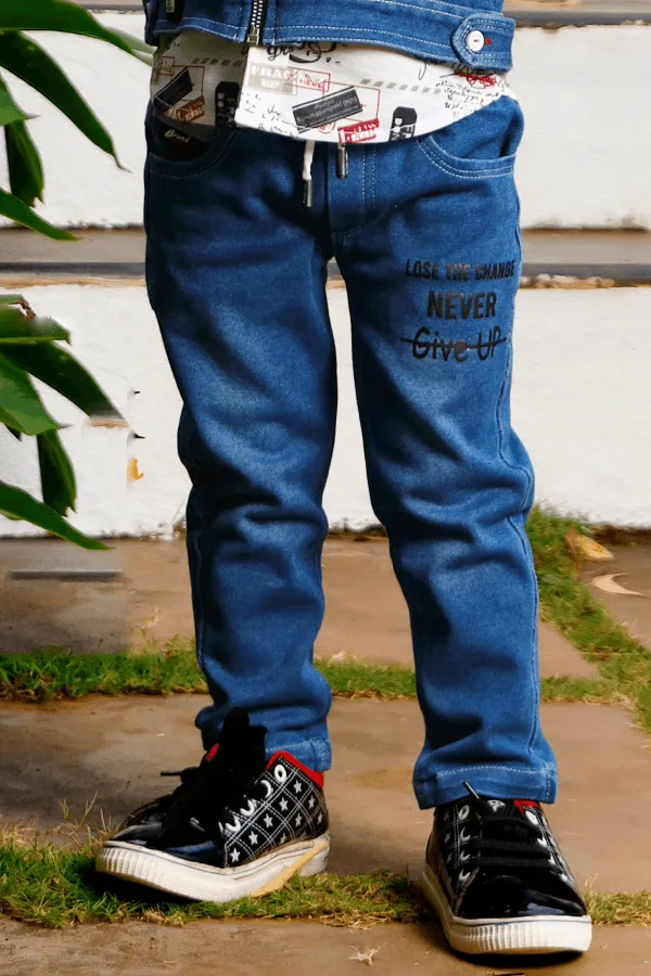 Denim Blue with White Printed Waist Coat and Pant Set for Boys