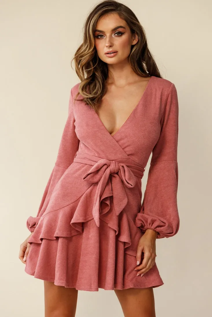 Dresden Long Sleeve Ruffle Detail Knit Dress Rose