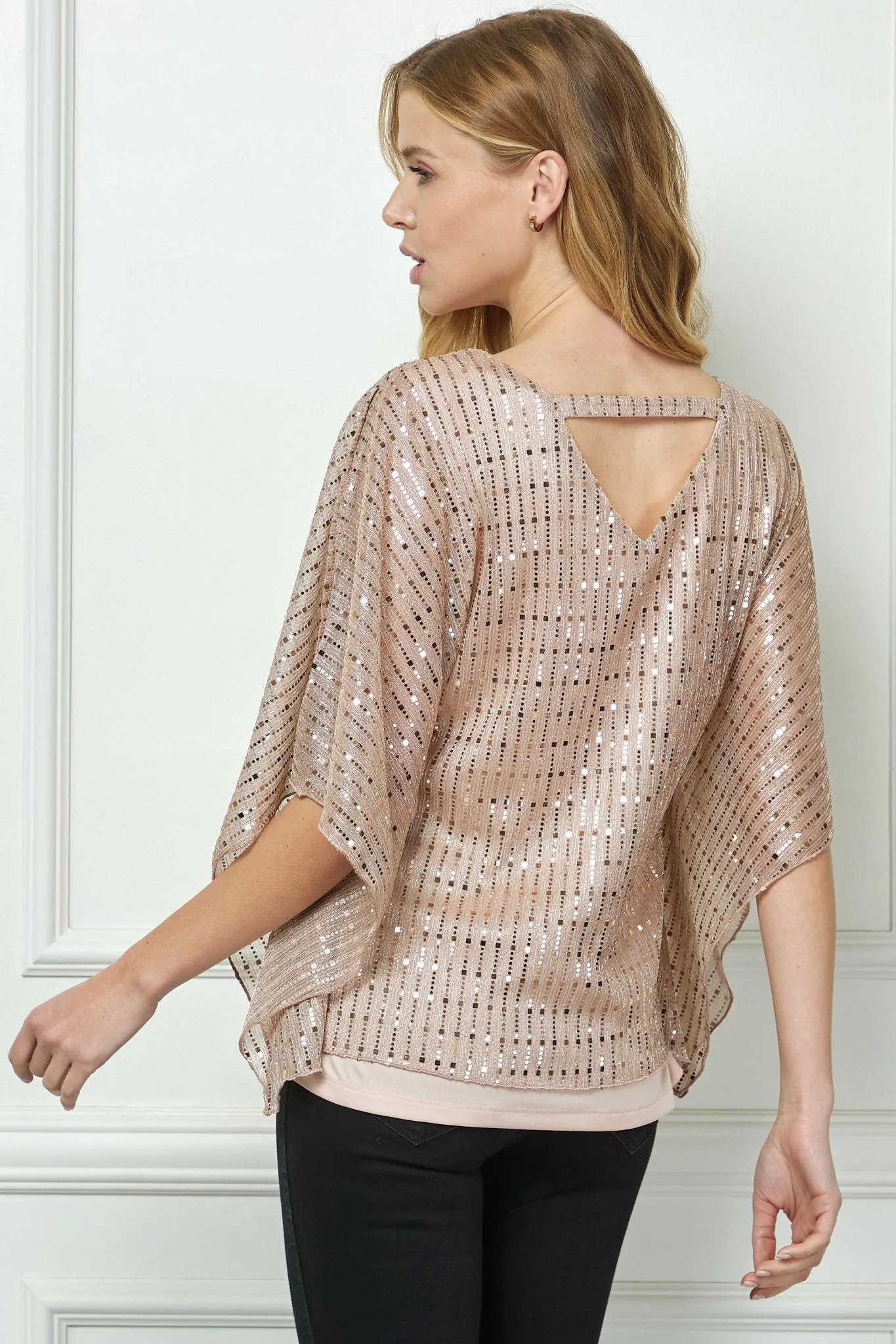 Elbow Cold Shoulder V-Neck Bar Back Poncho Blouse