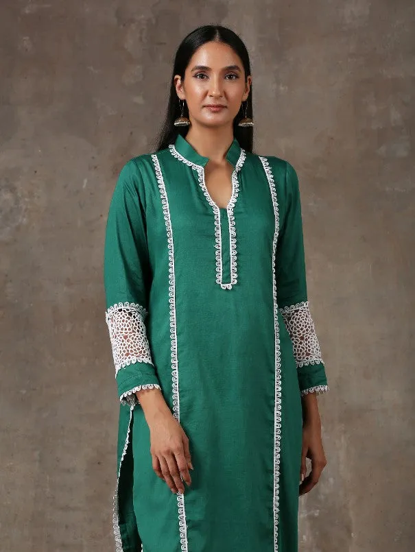 Emerald Green Lace Detail Cotton Kurta Set (Set of 2)