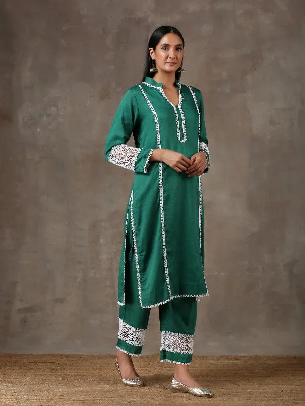 Emerald Green Lace Detail Cotton Kurta Set (Set of 2)