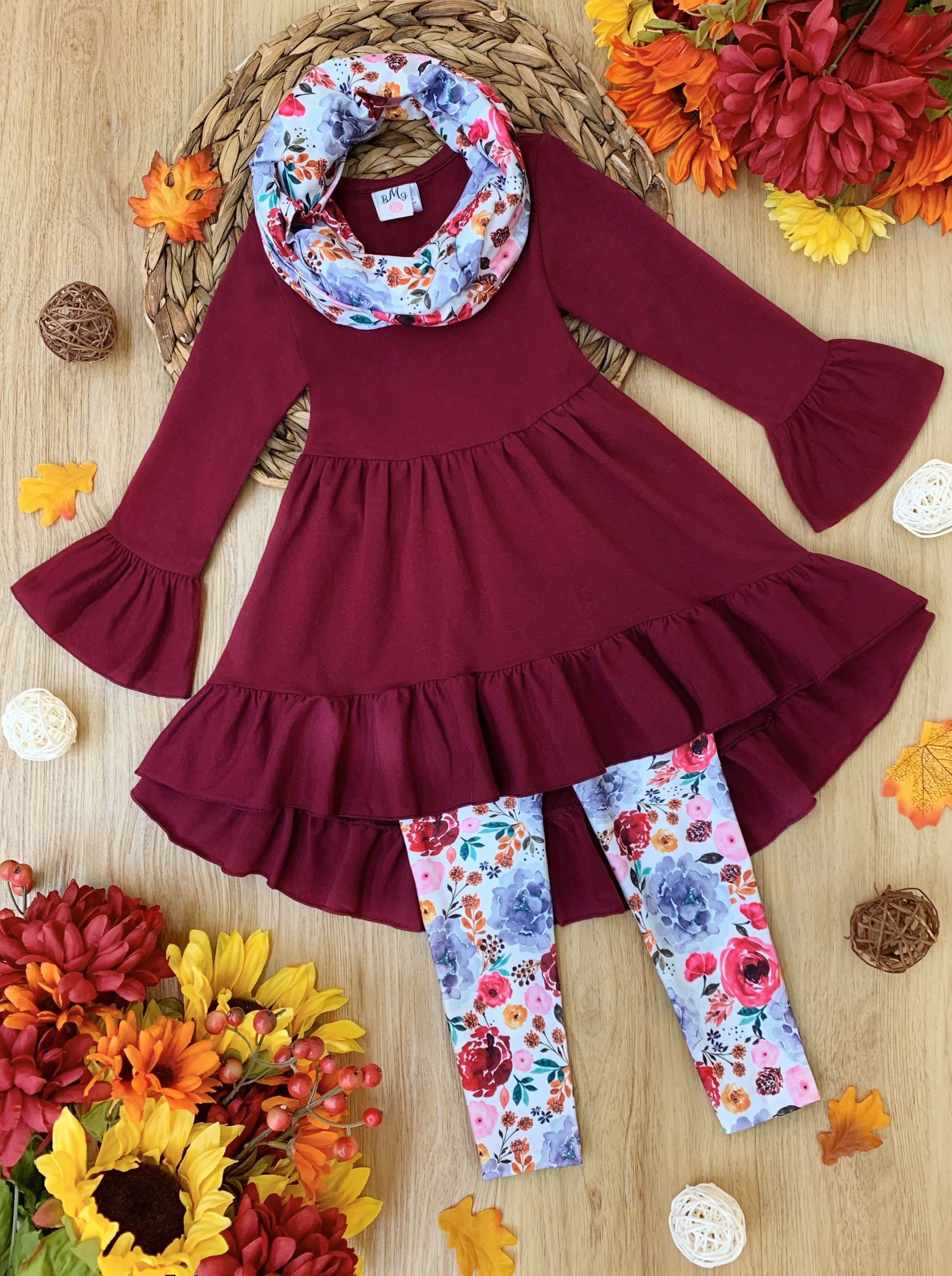 Fall-ishous Flowers Tunic, Leggings And Scarf Set