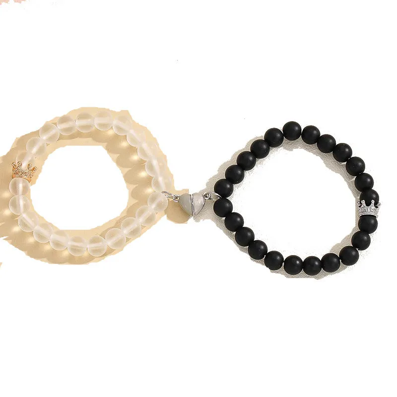 Fashion Jewelry 2pcs Handmade Crown Beaded Charms Bracelet Luminou Heart Glow In The Dark Couple Bracelet For Lover Men Women Fluorescent Gift