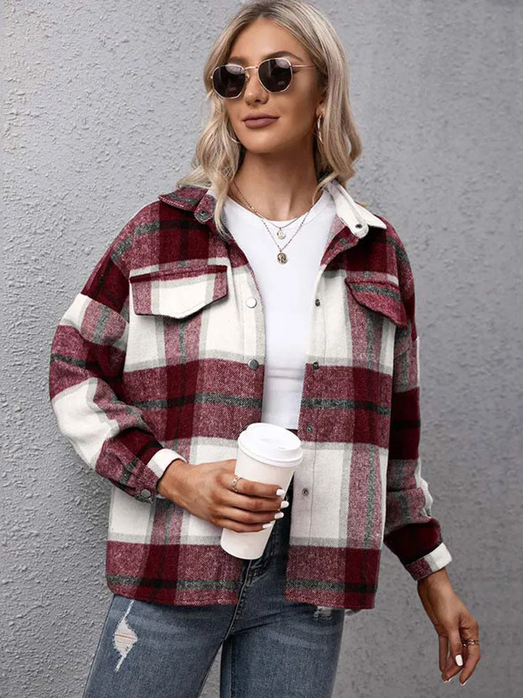 Fashionkova  2022 Autumn Checkered Jacket Women Winter Plaid Jacket Overshirt Ladies Warm Thicken Button Shirt Jacket Coat Women