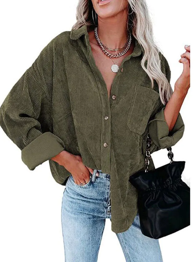 Fashionkova  Autumn Corduroy Jacket Woman Long Shirt Jacket Women Button Coat Jackets Women Fashion Overshirt Loose Coat Female 2022