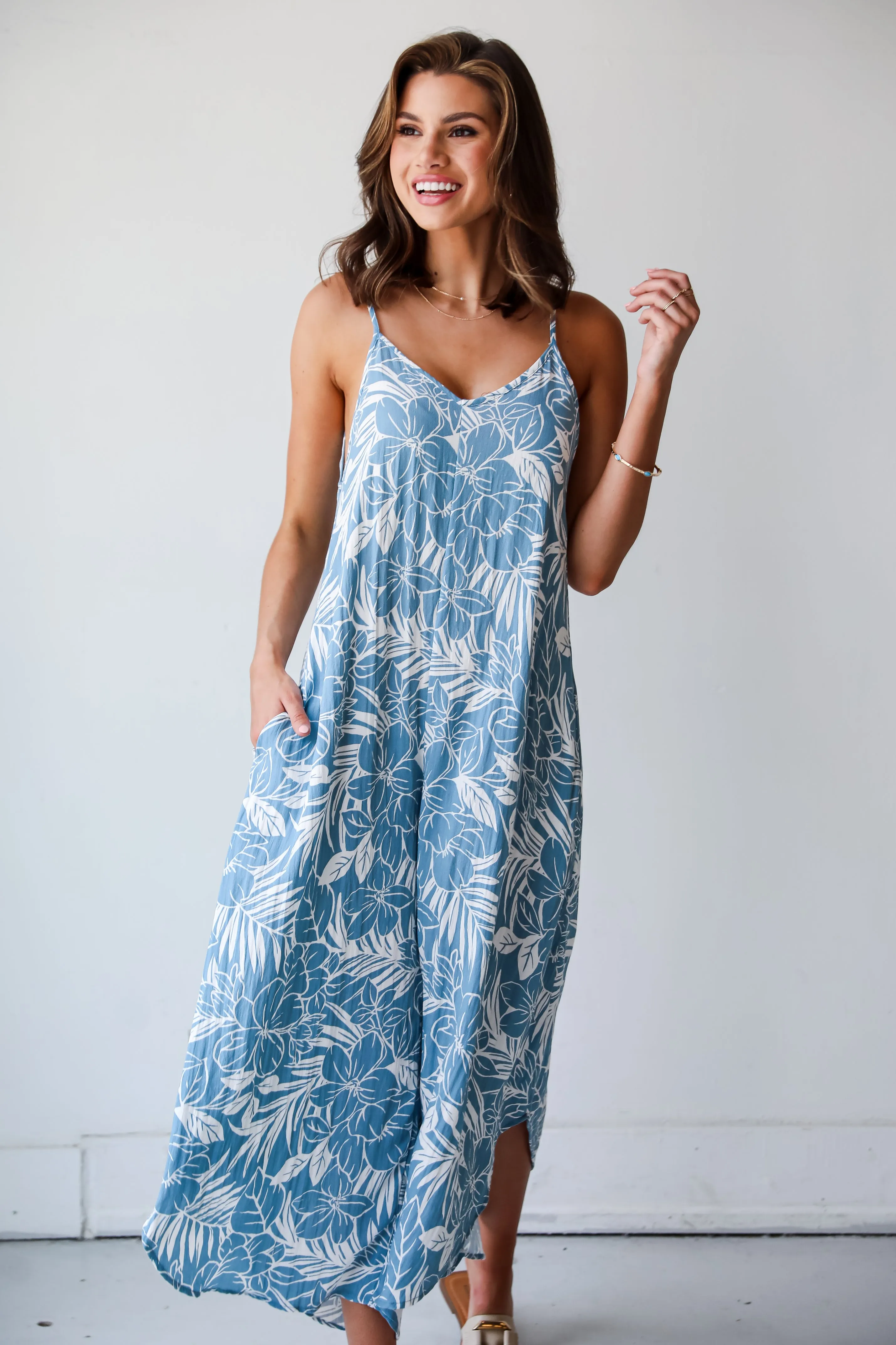 FINAL SALE - Tropical Blooms Light Blue Floral Jumpsuit