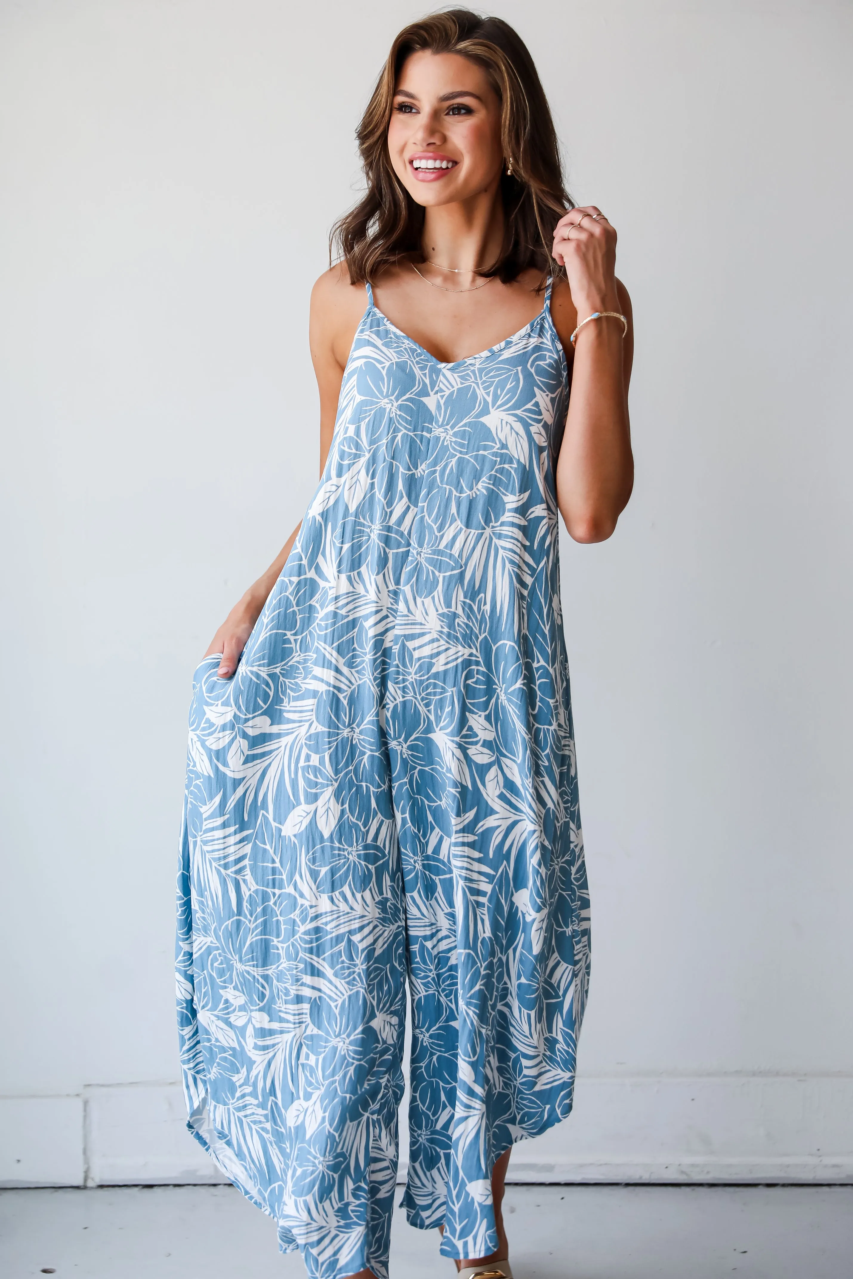 FINAL SALE - Tropical Blooms Light Blue Floral Jumpsuit