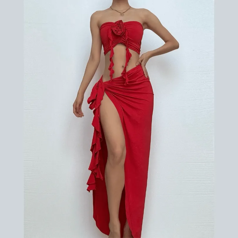 Flower applique ruffle high slit ruched tube skirt set