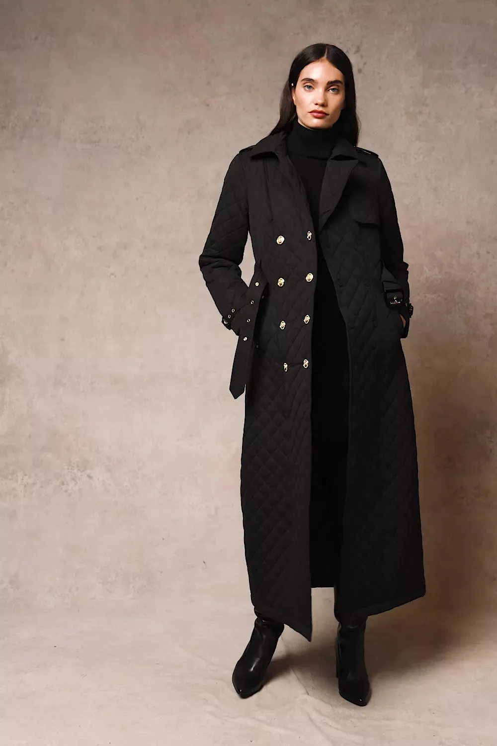 Full Length Enstone Quilted Trench Coat (Black)