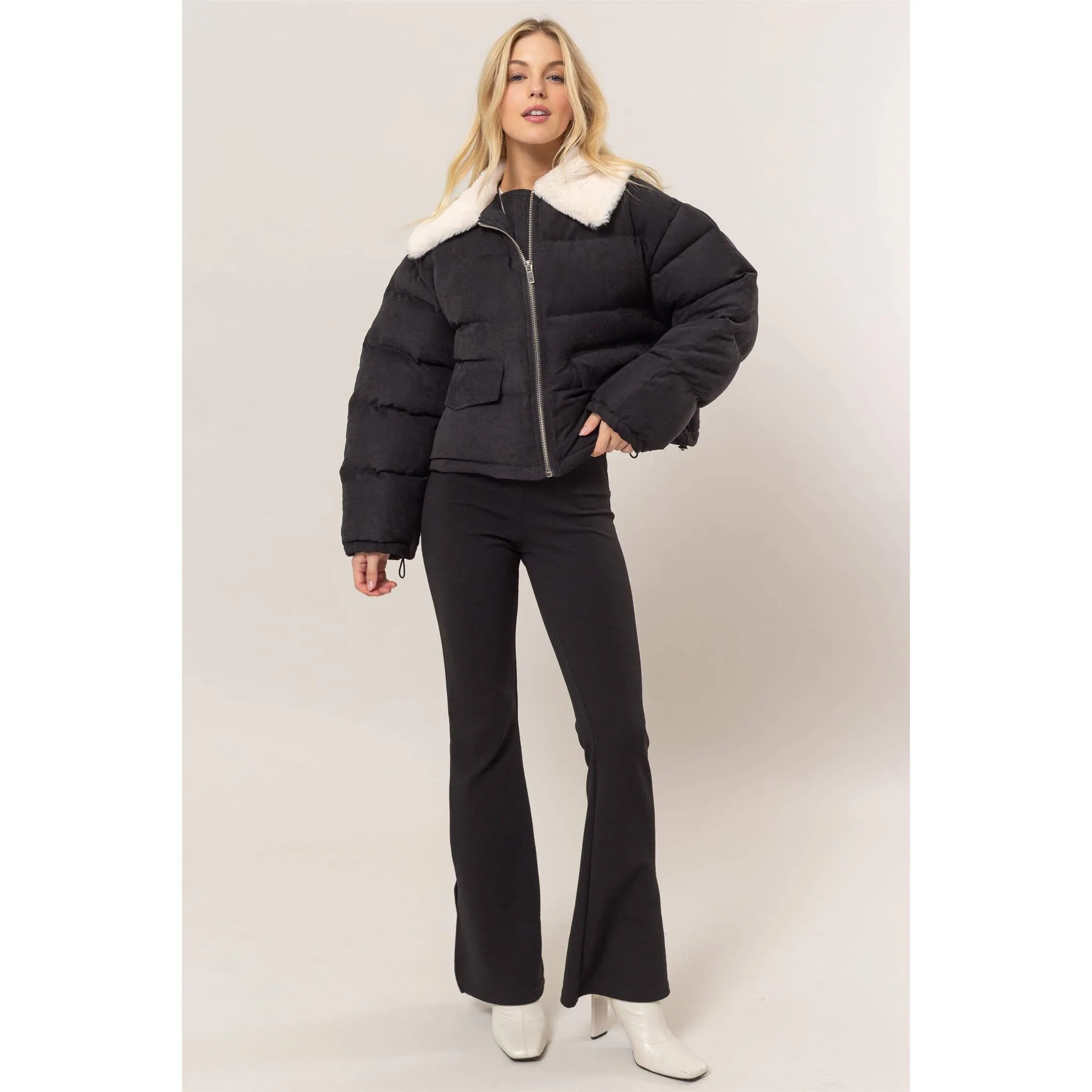 Fur Contrast Black Puffer Jacket