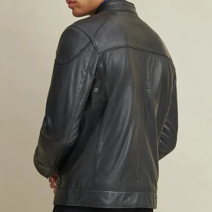 Genuine Leather Biker Jacket with Shoulder Patches