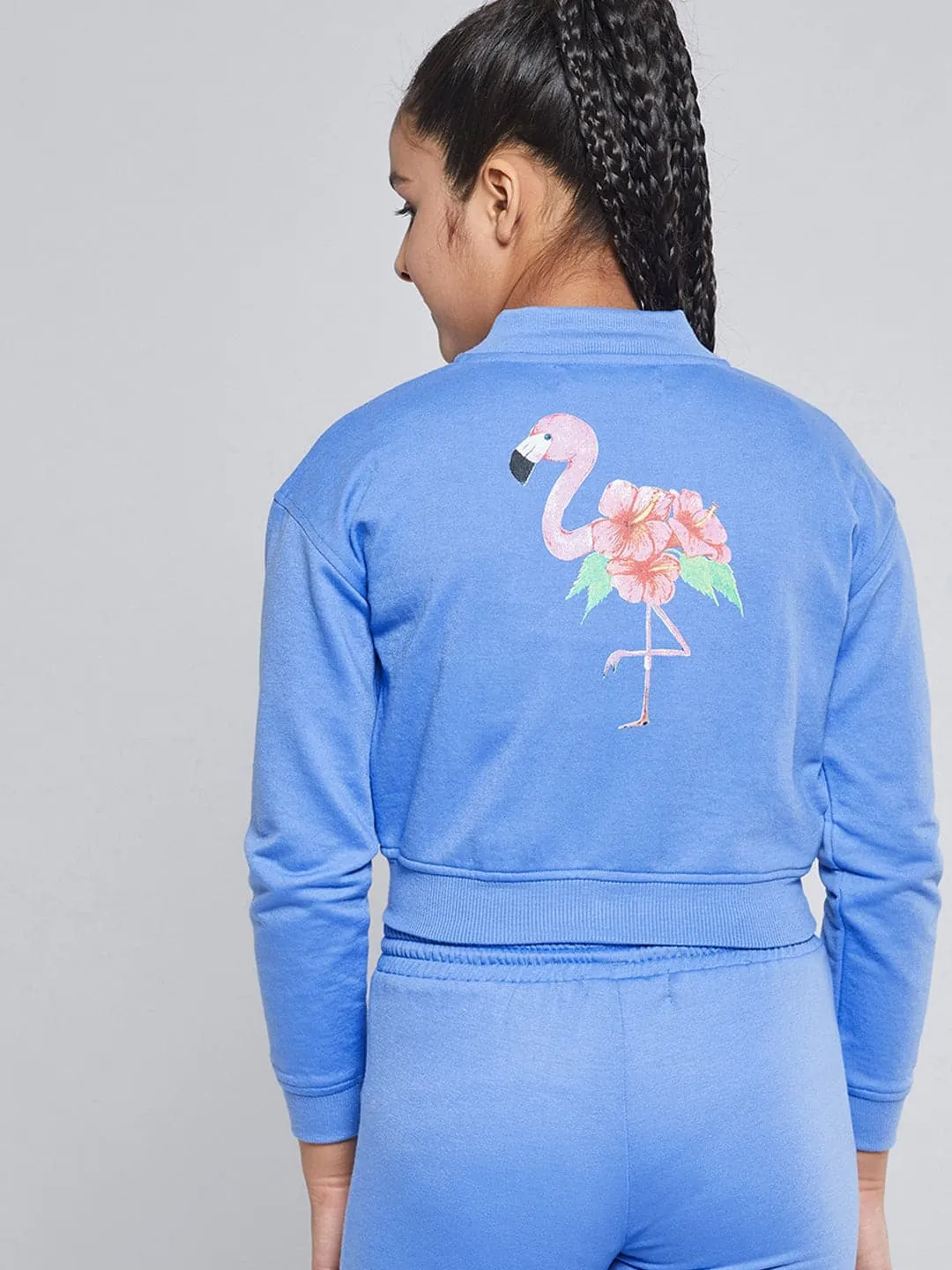 Girls Blue Fleece Flamingo Bomber Jacket - Lyush Kids