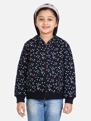 Girl's  Navy  Heart Printed Jacket With Hoodie - StyleStone Kid