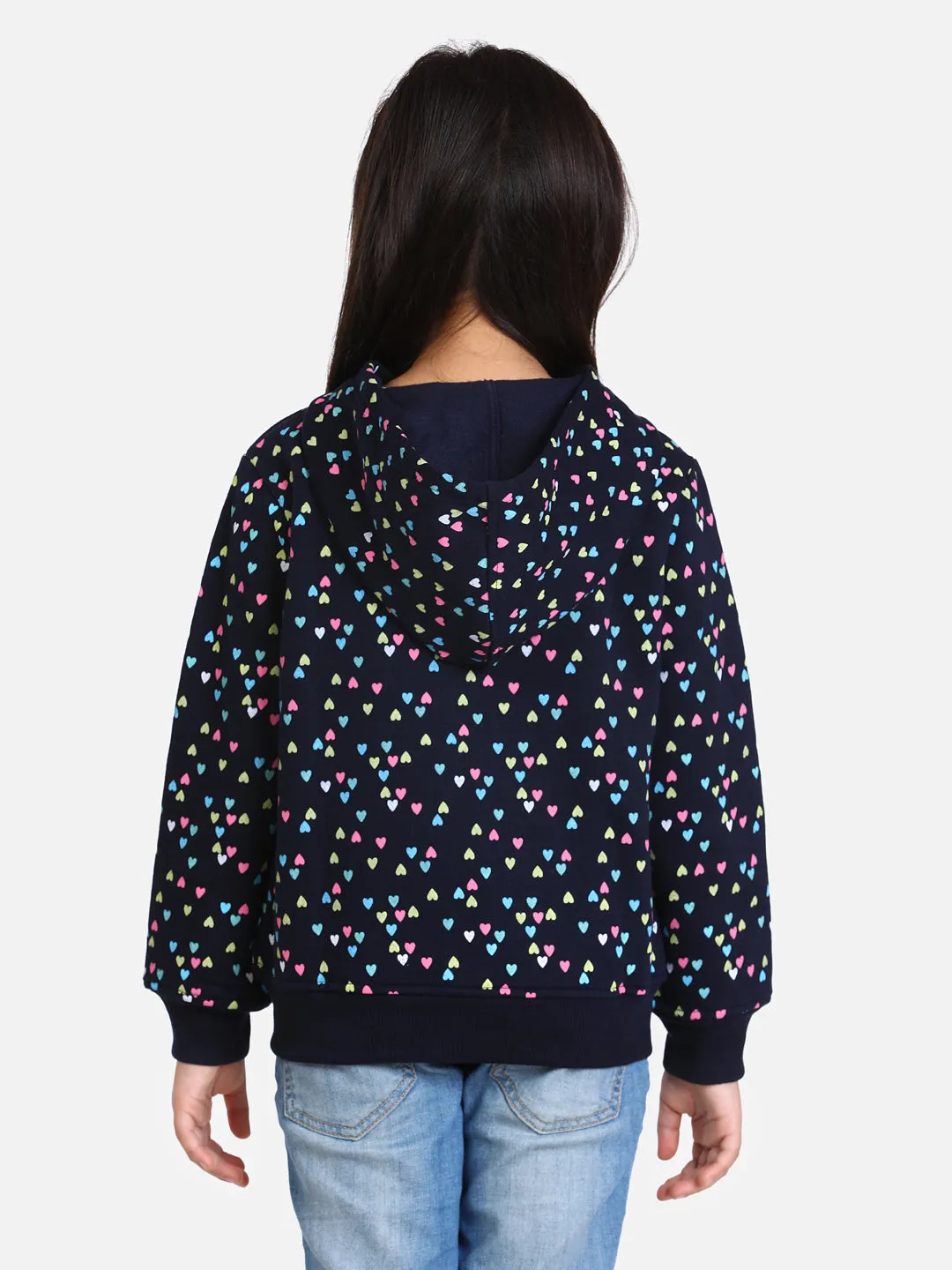 Girl's  Navy  Heart Printed Jacket With Hoodie - StyleStone Kid