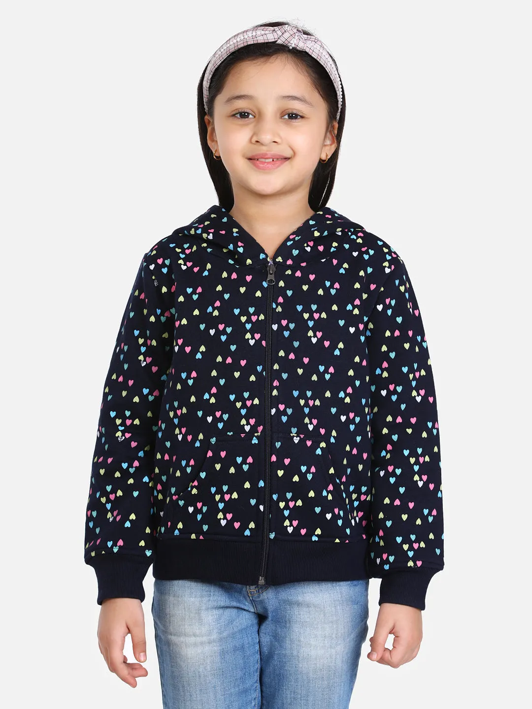 Girl's  Navy  Heart Printed Jacket With Hoodie - StyleStone Kid