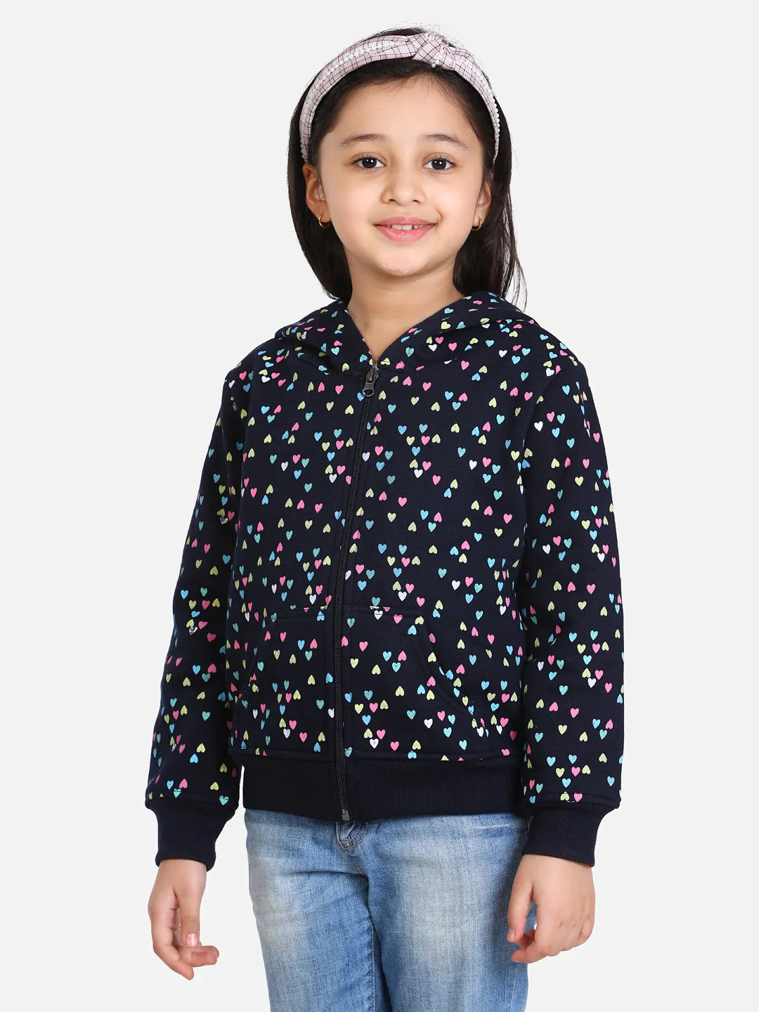 Girl's  Navy  Heart Printed Jacket With Hoodie - StyleStone Kid