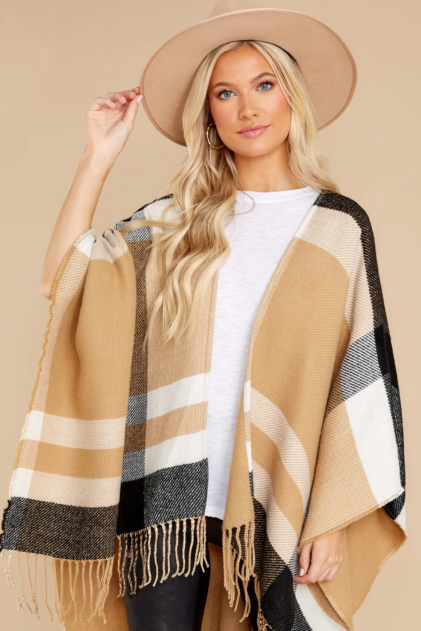 Give Me S'Mores Tan Multi Plaid Poncho Cardigan