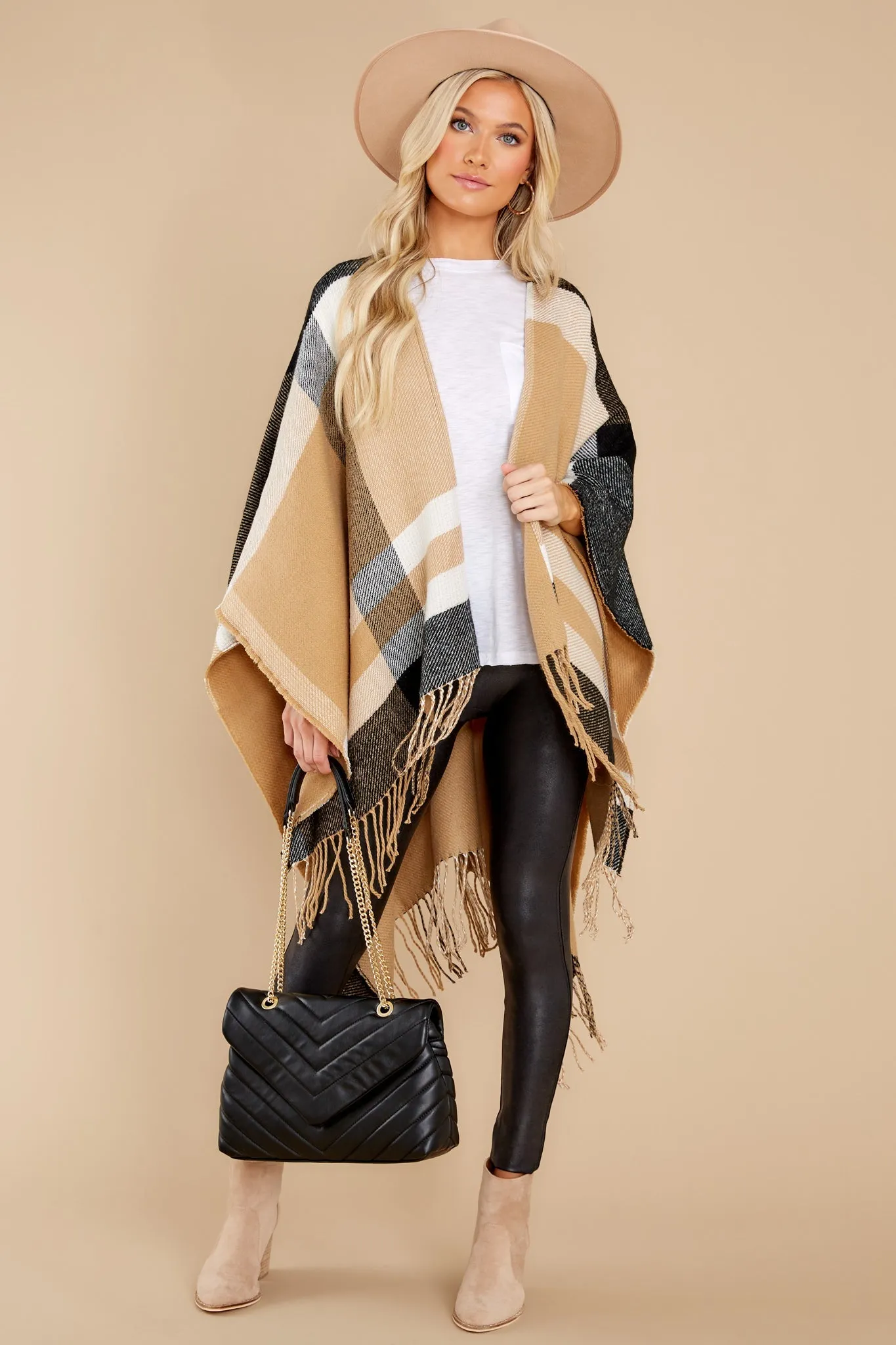 Give Me S'Mores Tan Multi Plaid Poncho Cardigan