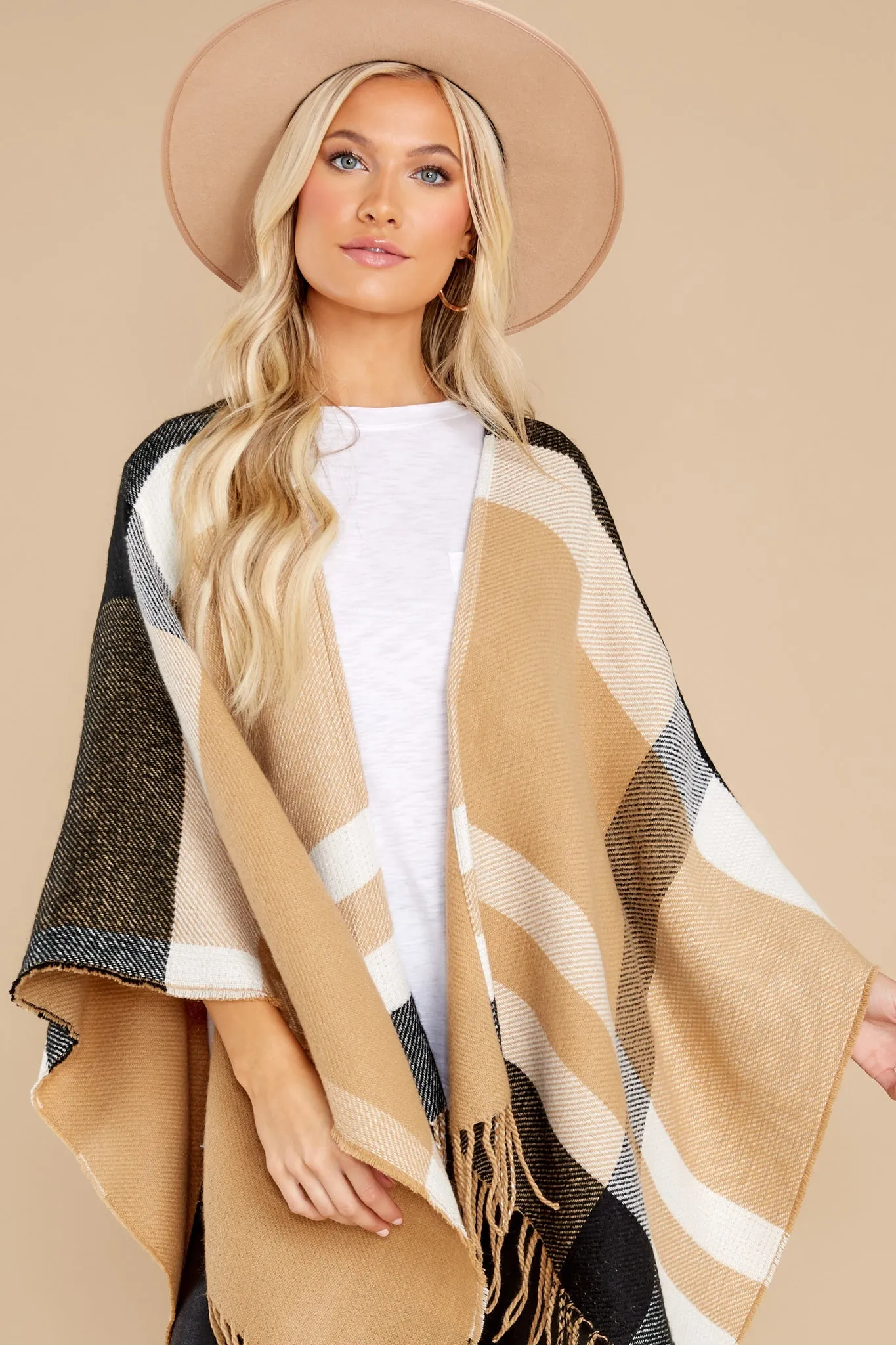 Give Me S'Mores Tan Multi Plaid Poncho Cardigan