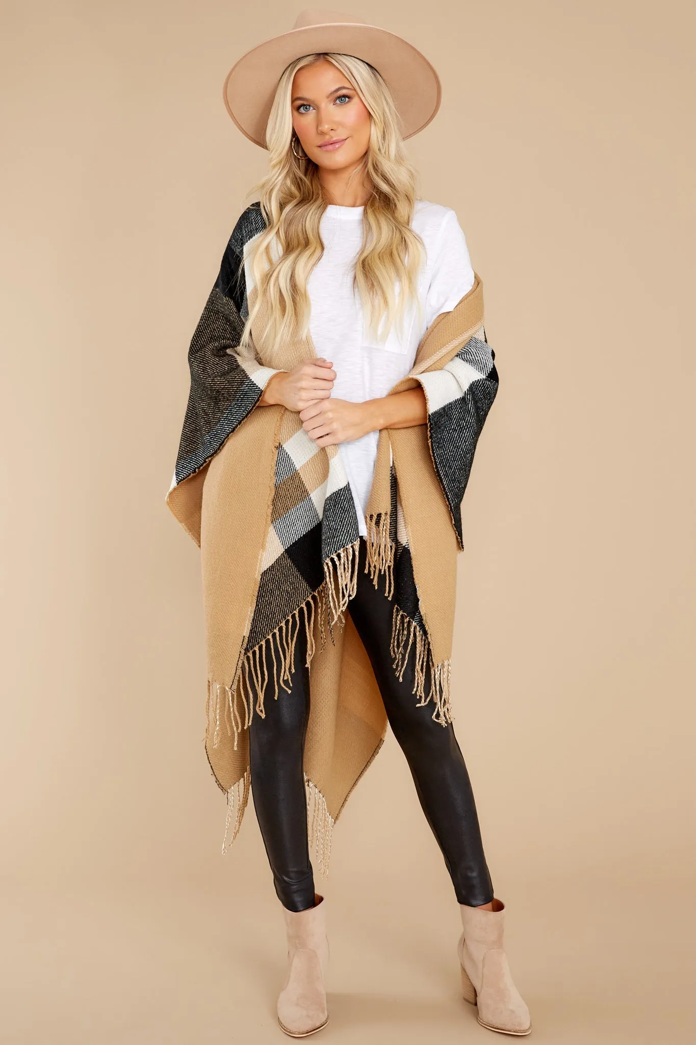 Give Me S'Mores Tan Multi Plaid Poncho Cardigan