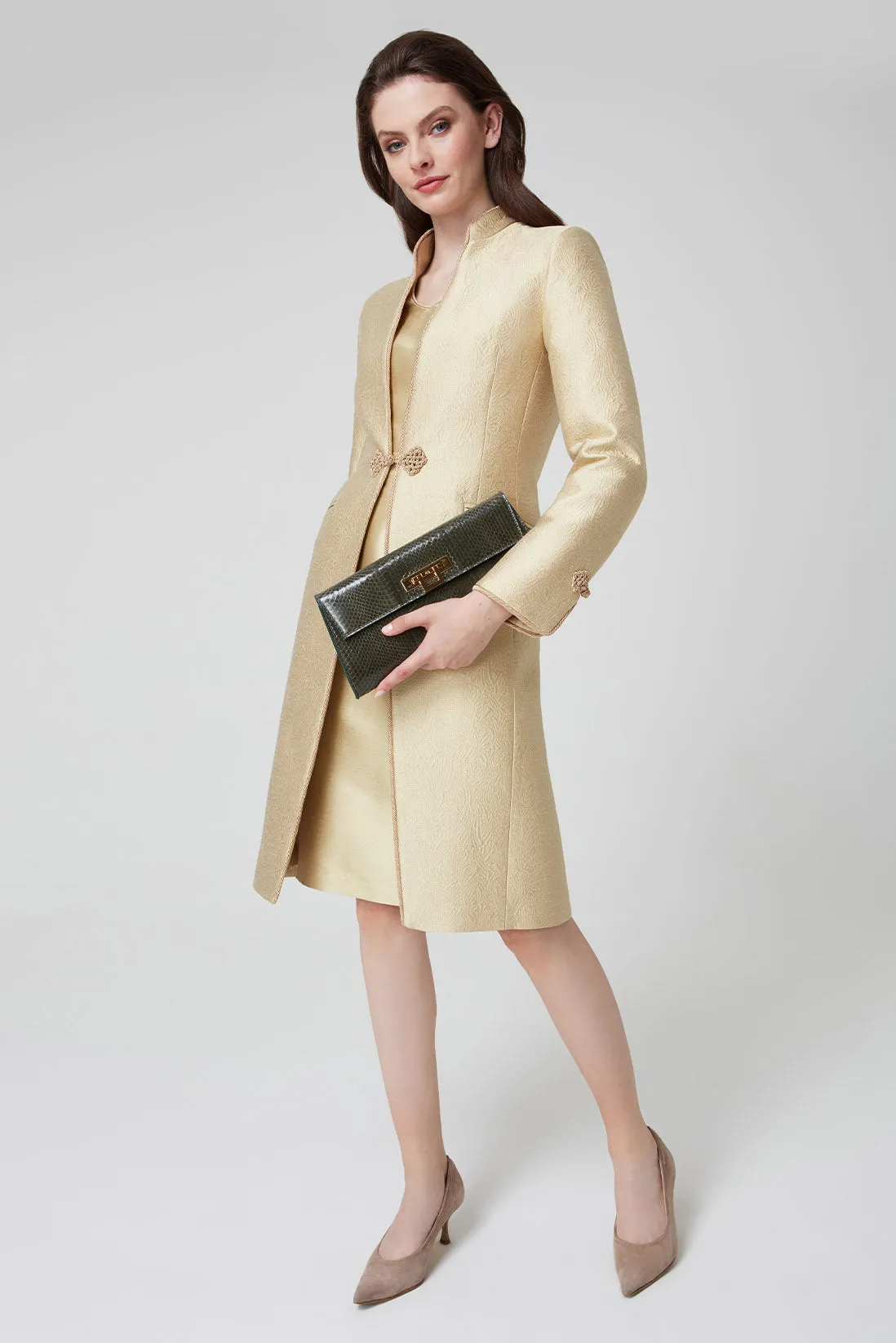 Gold Dress Coat in Summer Brocade with Cord Trim and Frogging - Vicky