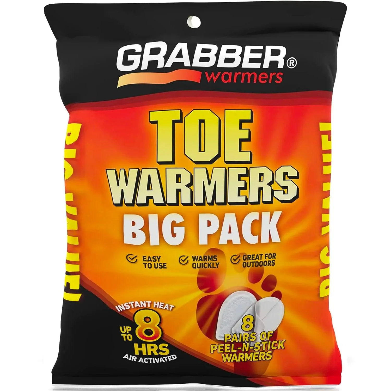 Grabber Toe Warmers - Long Lasting Safe Natural Odorless Air Activated Warmers - Up to 8 Hours of Heat - 8 Pair Pack