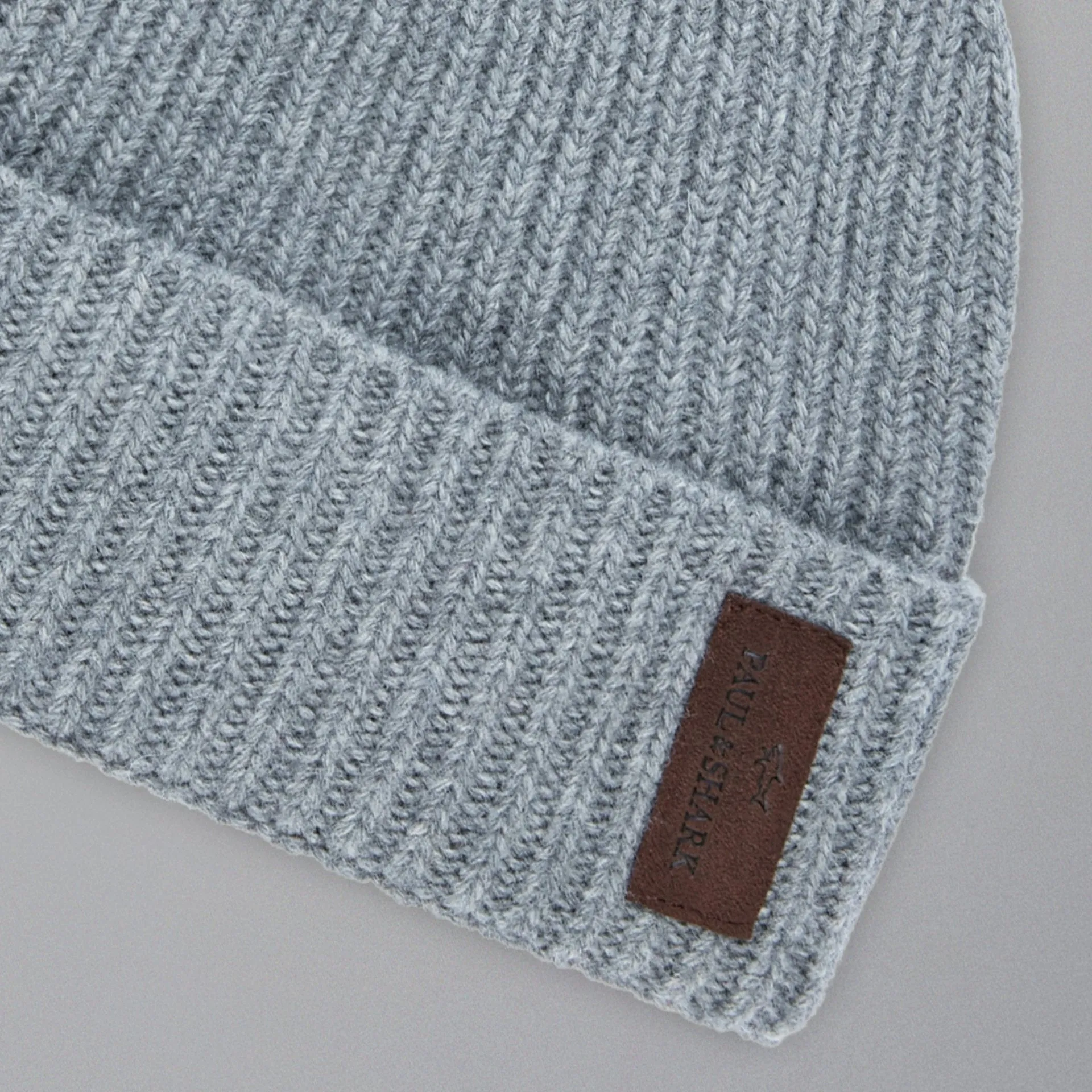 Gray Ribbed Knit Re-Wool Beanie with Sueded Leather Badge - Paul & Shark