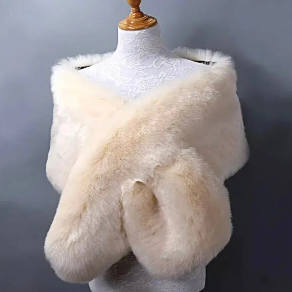 Great Gatsby 1920's Bridal Wedding Faux Fur Shawl Wrap - Beige