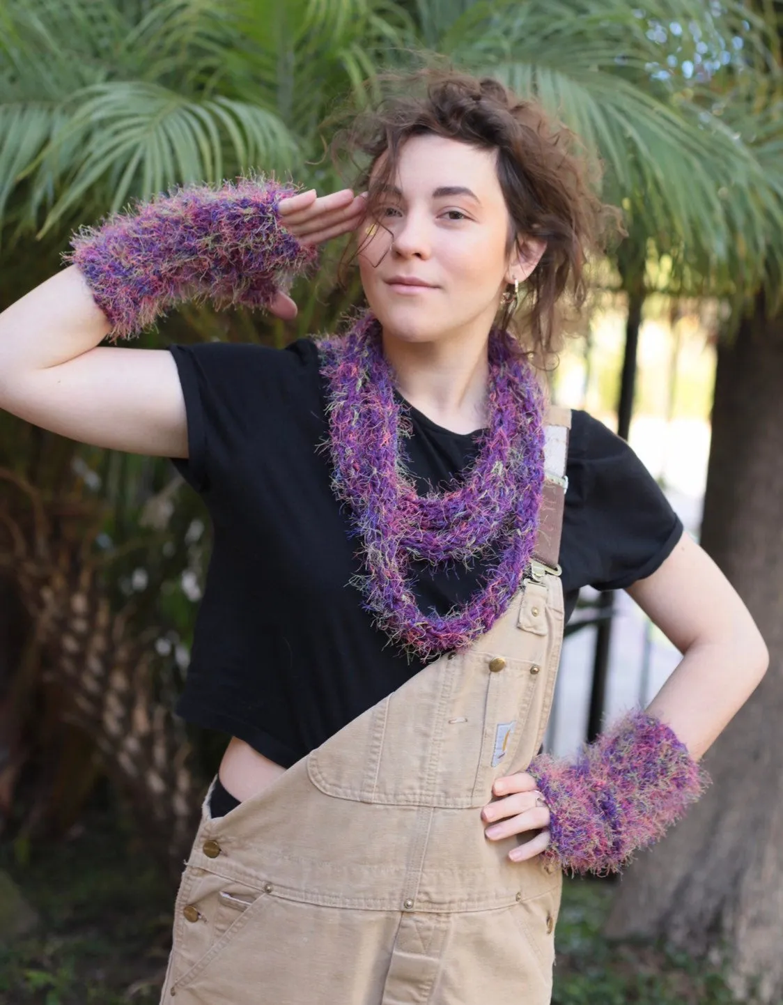 Hand Knit Fingerless Gloves and Infinity Scarf Set in Purple Color