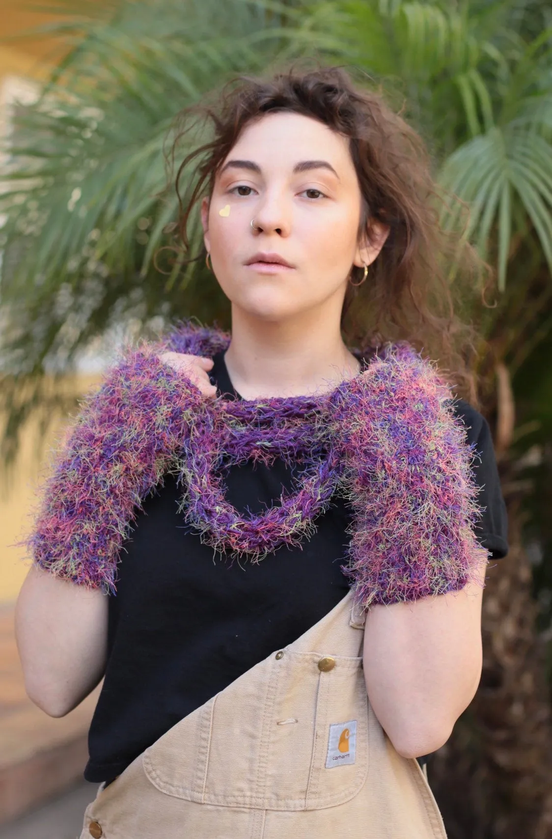 Hand Knit Fingerless Gloves and Infinity Scarf Set in Purple Color