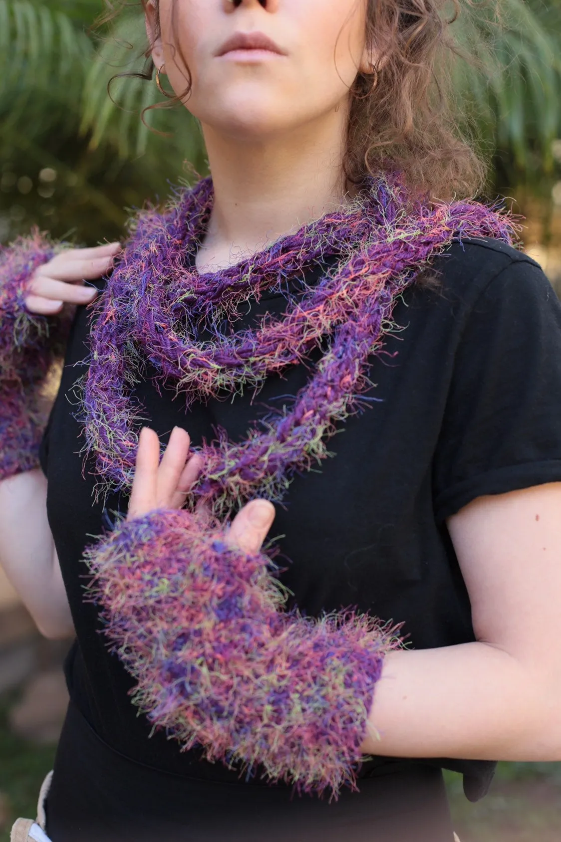 Hand Knit Fingerless Gloves and Infinity Scarf Set in Purple Color