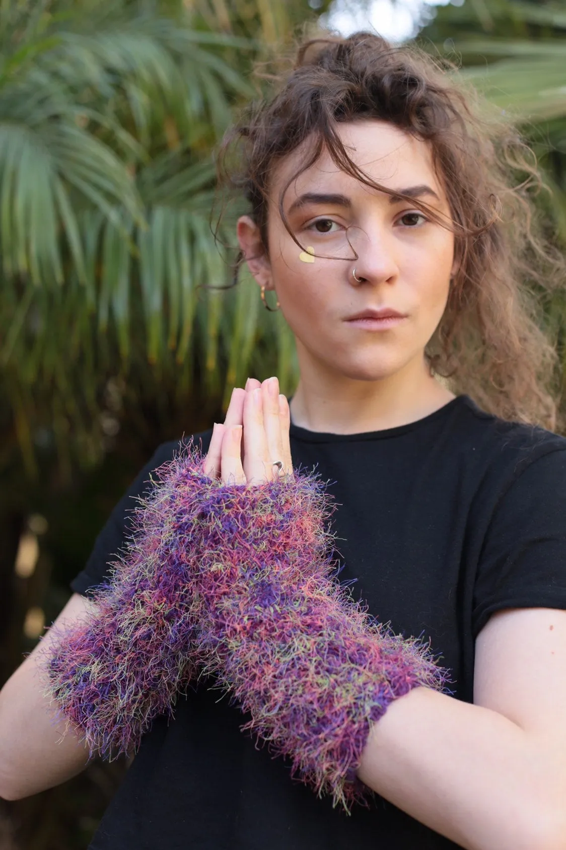 Hand Knit Fingerless Gloves and Infinity Scarf Set in Purple Color